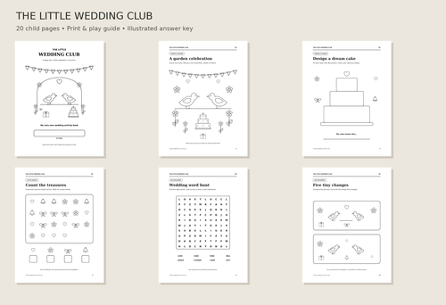 Actual printable activity pages from The Little Wedding Club: colouring, counting, word search and spot the difference.
